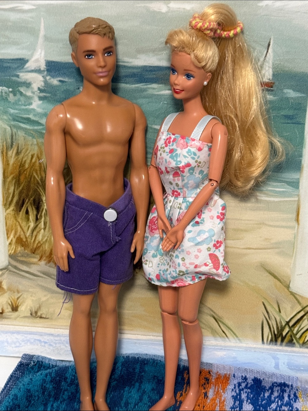 Barbie Blonde Doll with Floral Dress and Ken Doll in Purple Shorts